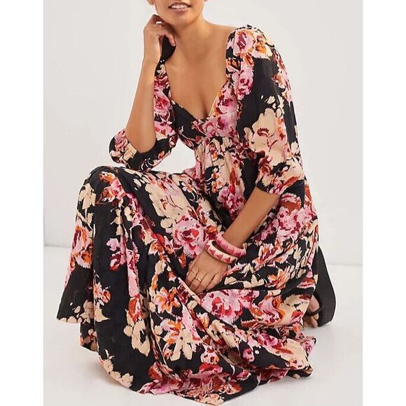 Anthropologie Floral Maxi Dress S Black Pink Blossom Tiered Dark Romantic Boho - Picture 1 of 16